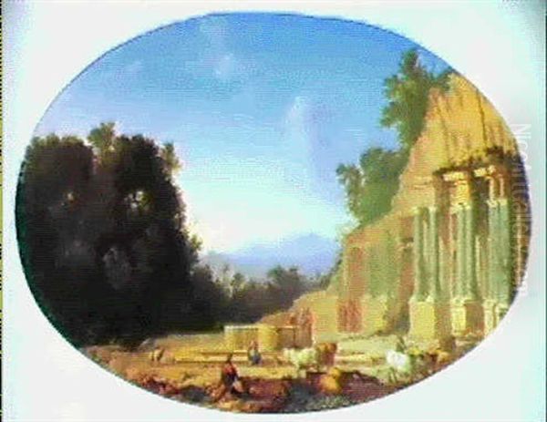 Paysage De La Campagne Romaine Avec Ruines Et Personnages - view 1