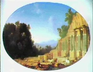 Paysage De La Campagne Romaine Avec Ruines Et Personnages by Henri Mauperche