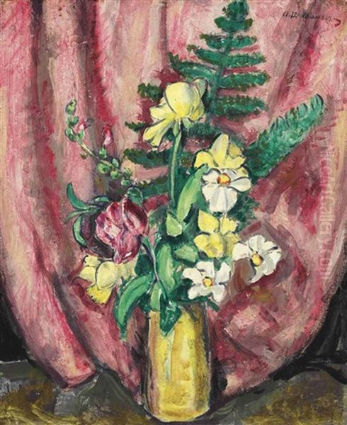 Floral Still Life (yellow Vase And Pink Curtains) - view 1
