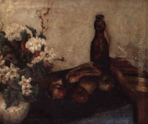 Still Life Of Flowers In A Bowl, Fruit And A Glass Bottle by Alfred Henry Maurer