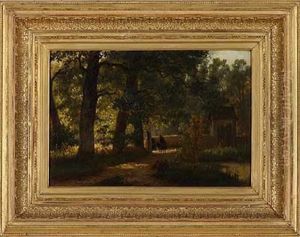 Reisende Vor Einem Tor Auf Sonnenbeschienenem Waldweg by Jacob Maurer