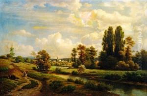 Weite Sommerliche Bachlandschaft Mit Blick Auf Ein Kirchdorf by Jacob Maurer