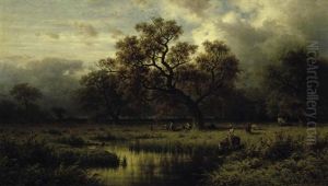 Abendstimmung In Einer Weiten Flusaue. Unter Einer Grosen Eiche Personen Bei Der Rast by Jacob Maurer