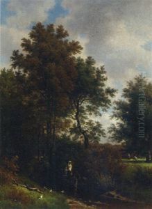 Washer Women In A Wooded River Landscape by Jacob Maurer
