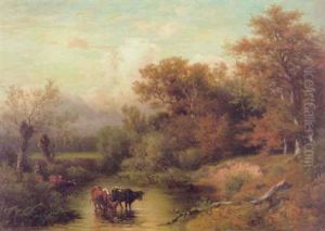 Herbstliche Landschaft Mit Kuhen In Der Furt by Jacob Maurer