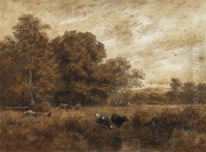 Weidende Kuhe Nahe Eines Waldchens by Jakob Maurer