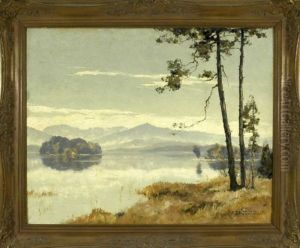 Partie Am Grosen Ostersee Mit Zwei Kleinen Inseln Und Den Alpen Im Hintergrund