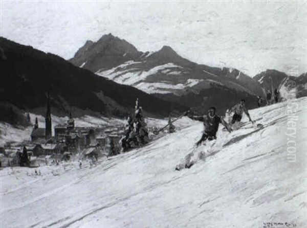 Davos. Skifahrer Am Hang Uber Der Ortschaft - view 1