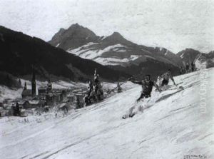Davos. Skifahrer Am Hang Uber Der Ortschaft Davos. Skifahrer Am Hang Uber Der Ortschaft