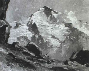 Gebirgslandschaft Mit Almwiesen, Auf Denen Ein Hirte Seine  Schafherde Hutet