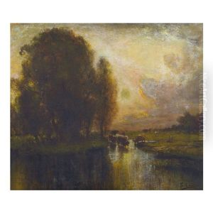 Auenlandschaft Im Abendrot Mit Kuhherde by Francois Maury