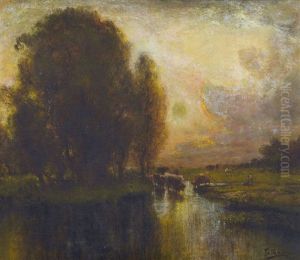 Auenlandschaft Im Abendrot Mit Kuhherde by Francois Maury