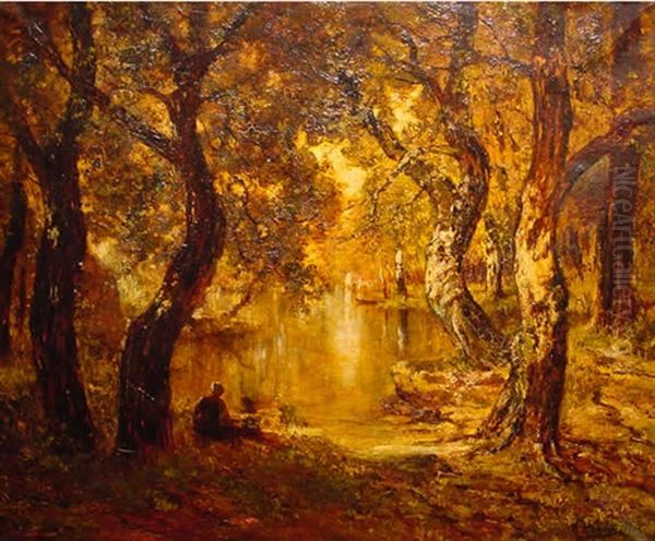 Une Femme Par Un Lac Dans La Foret - view 1