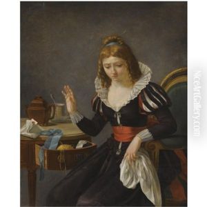 An Elegantly Dressed Lady Seated At A Table And Holding A White Hankerchief by Jean Francois Maury