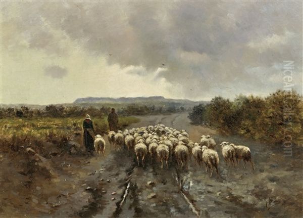 Two Shepards Guiding Their Sheep - view 1