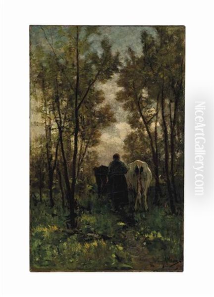 Farmer And Cows Traveling A Tree Lined Path - view 1