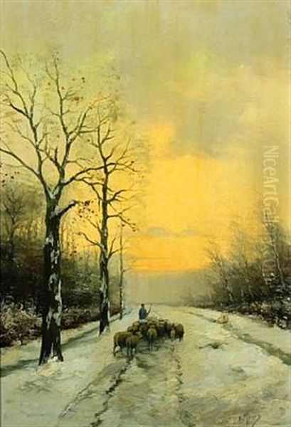 Shepherd With His Flock On A Snowy Forest Road - view 1