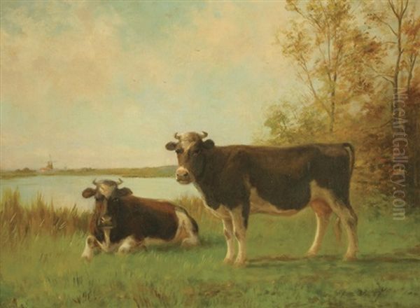 Pastoral Landscape With Two Cows At Pasture And A Windmill In The Distance - view 1