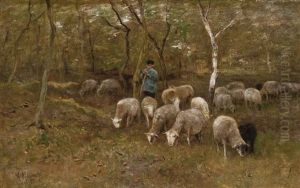 A Shepherd With His Flock In The Woods by Anton Mauve