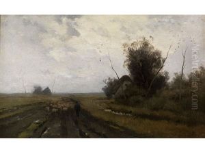 Weite Wiesenlandschaft In Abendstimmung Mit Heimziehender Schafherde