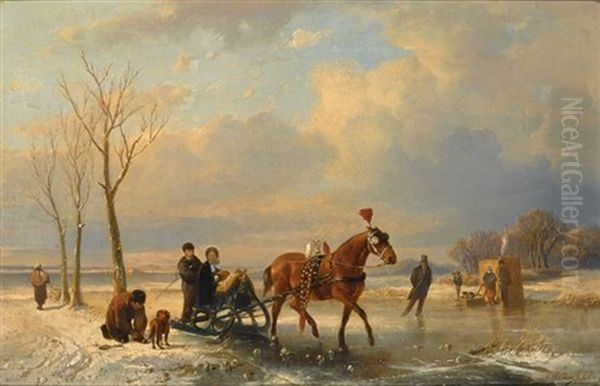 A Winter Landscape With Figures On A Sleigh, A Koek En Zopie In The Background - view 1