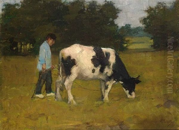 A Farmer With His Cow In The Meadow - view 1