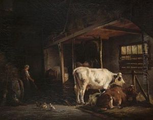 Horses, Cattle And A Farm Hand In A Stable Interior by Anton Mauve