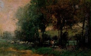 Gronskande Sommarlandskap Med Kvinna Och Farhjord by Anton Mauve