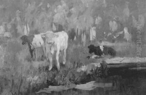 Drei Kalber Auf Der Weide Am Bach by Anton Mauve