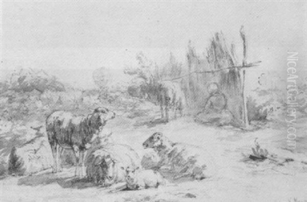 A Shepherdess And Her Sheep By A Shelter - view 1