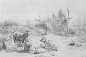 A Shepherdess And Her Sheep By A Shelter by Anton Mauve