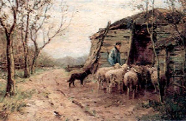 Pastoral Scene With Shepherd, Sheep And Border Collie - view 1