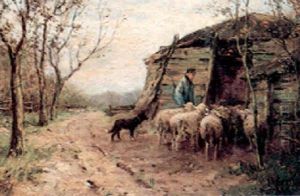 Pastoral Scene With Shepherd, Sheep And Border Collie