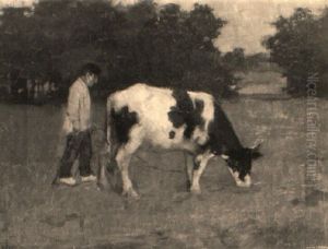 Bauer Mit Schwarzbunter Kuh Auf Einer Wiese Am Waldrand by Anton Mauve