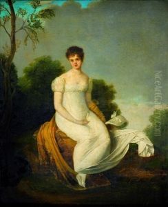 Portrait De Jeune Femme En Robe Blanche Dans Un Paysage by Jean Baptiste Mauzaisse