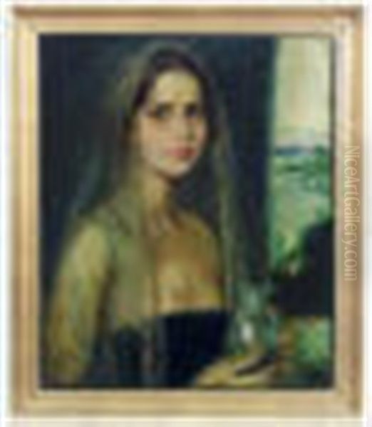 Portrait Of An Attractive Young Lady Holding A Glass Vase In Diaphanous Headgear - view 1