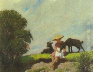 Kleines Madchen Mit Zwei Ziegen Am Sonnigen Wiesenhang by Corneille Max