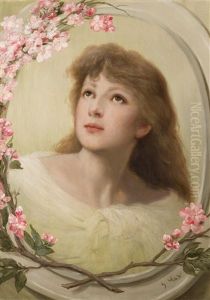 Portrait Einer Jungen Frau In Einem Ovalen Medaillon Aus Blutenzweigen by Gabriel von Max