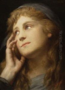 Heimweh. Junge Frau Mit Blauem Schleier, Die Gedankenverloren Ihren Kopf In Die Rechte Hand Stutzt by Gabriel von Max
