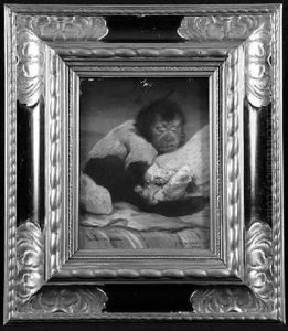 Schmersvergessen. Ein Affenkind Liegt Mit Verbundenem Arm Und Bein Zwischen Hohen Kissen by Gabriel von Max