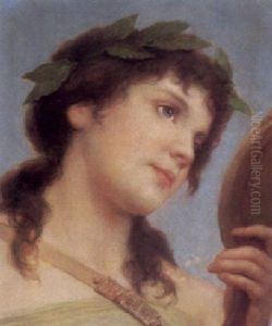 Der Lorbeer. Ein Junges Madchen Mit Einem Lorbeerkranz Betrachtet Sich In Einem Handspiegel
