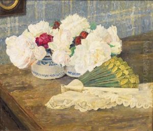 Nature Morte Au Bouquet De Fleurs Et A L'eventail