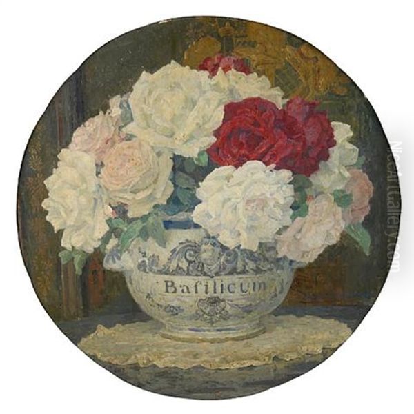 Red And White Roses In A Bowl Before A Chinese Lacquer Screen - view 1