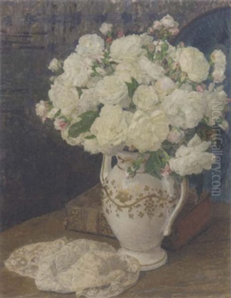 White Roses In A Vase, A Lace Handkerchief And A Book On A Table In An Interior - view 1