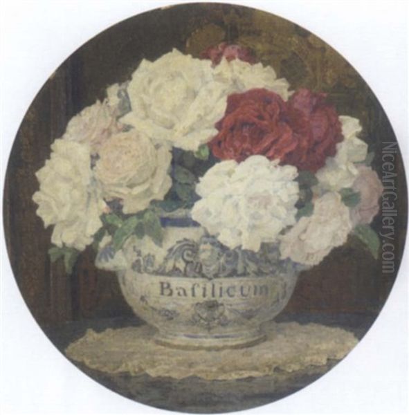 Red And White Roses In A Bowl Before A Chinese Lacquer Screen - view 1