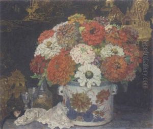 Chrysanthemums In A Chinese Imari Jardiniere With A Decanter And Glasses On A Table Before A Black Screen