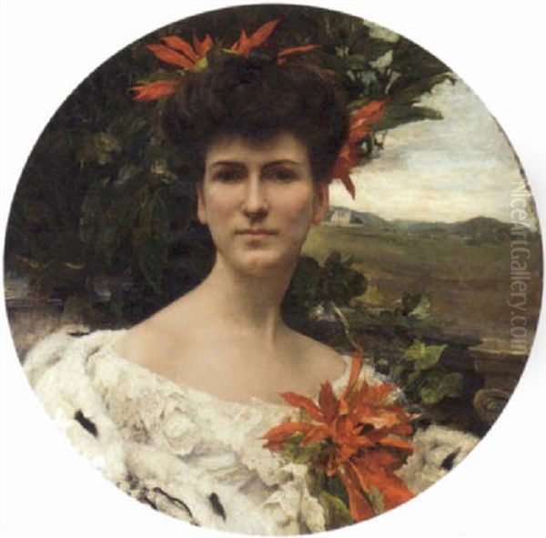 Portrait Of A Lady In A White Dress And Stole With Flowers In Her Hair - view 1