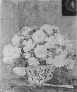 Still Life Of Roses In A Ceramic Vase With A Book And A Fan On A Tabletop by Edgar Maxence