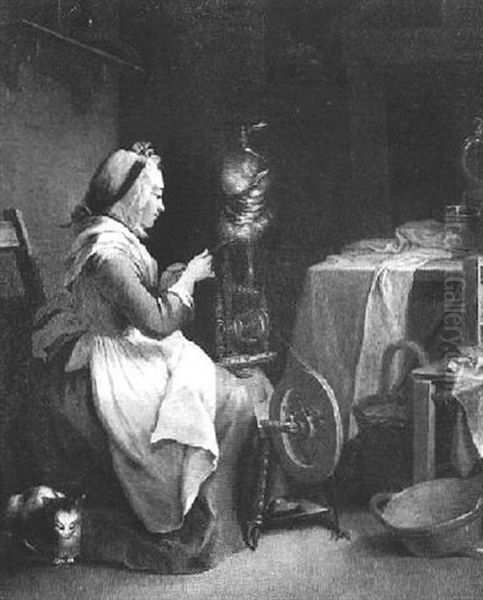 Interieur Mit Frau Am Spinnrad Und Katze - view 1