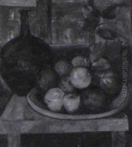Stilleben Mit Apfeln Und Kugelvase Vor Fensterausblick by Heinz May